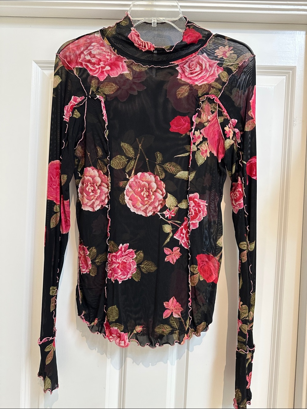 Free People Black Mesh Long-Sleeve Top with Pink Rose Print